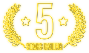 5 star rating. Badge with neon icon. Customer review rating